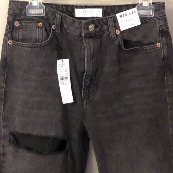 TOPSHOP SIZE 6 TALL HIGH WAISTED TAPERED LEG WASHED BLACK MOM JEANS - Picture 7 of 11